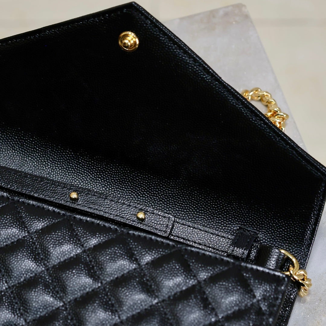 SAINT LAURENT ENVELOPE CHAIN BAG 22 IN BLACK LAMBSKIN GOLD HARDWARE
