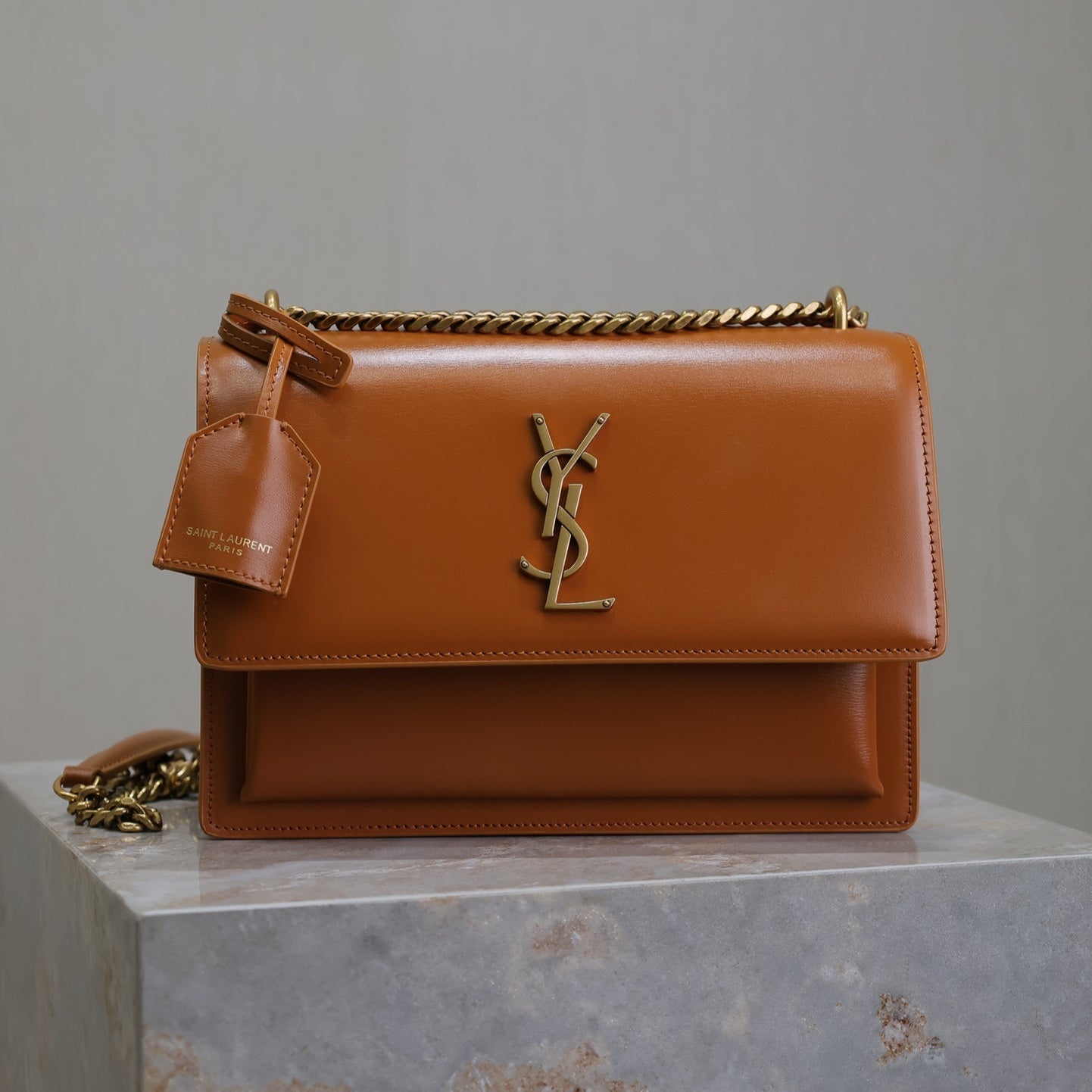 SAINT LAURENT YSL 25S SUNSET BAG 22 IN DARK CARAMEL CALFSKIN GOLD HARDWRE