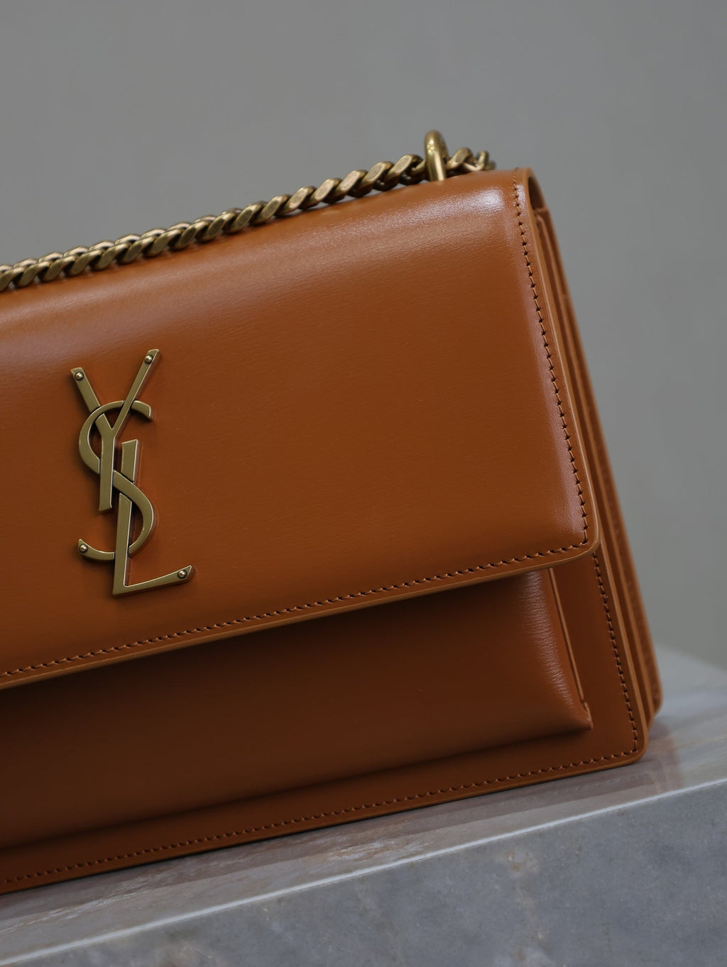 SAINT LAURENT YSL 25S SUNSET BAG 22 IN DARK CARAMEL CALFSKIN GOLD HARDWRE