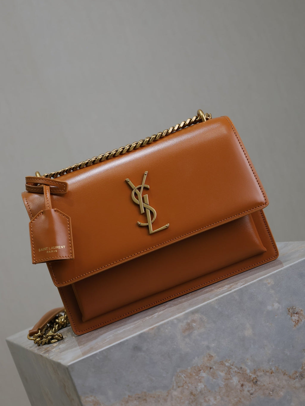 SAINT LAURENT YSL 25S SUNSET BAG 22 IN DARK CARAMEL CALFSKIN GOLD HARDWRE