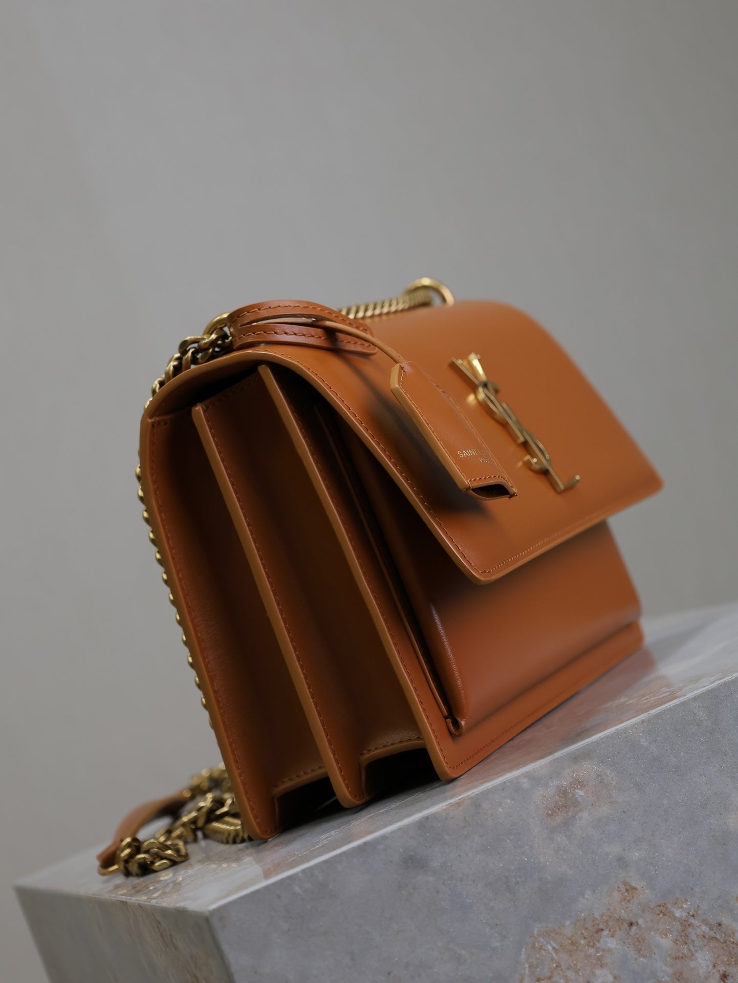 SAINT LAURENT YSL 25S SUNSET BAG 22 IN DARK CARAMEL CALFSKIN GOLD HARDWRE