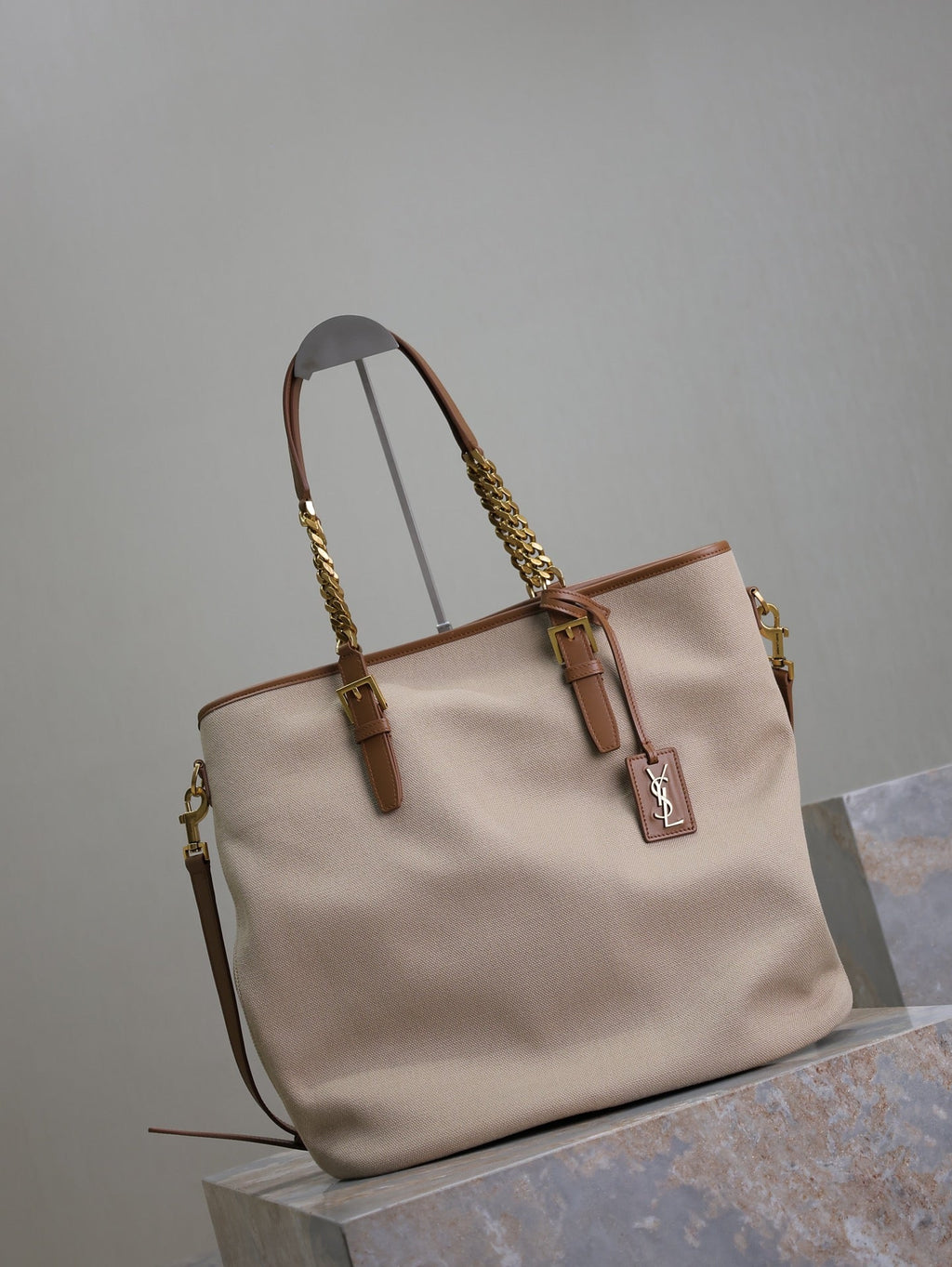 SAINT LAURENT TOTE BAG 38 IN WHITE CANVAS AND BROWN LEATHER TRIM GOLD HARDWARE