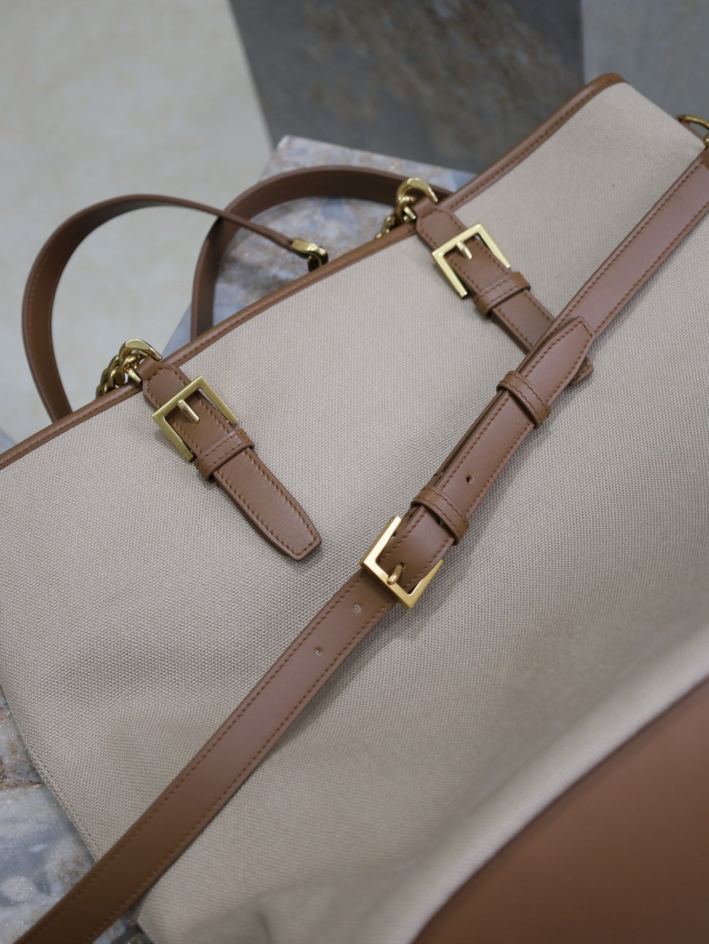 SAINT LAURENT TOTE BAG 38 IN WHITE CANVAS AND BROWN LEATHER TRIM GOLD HARDWARE