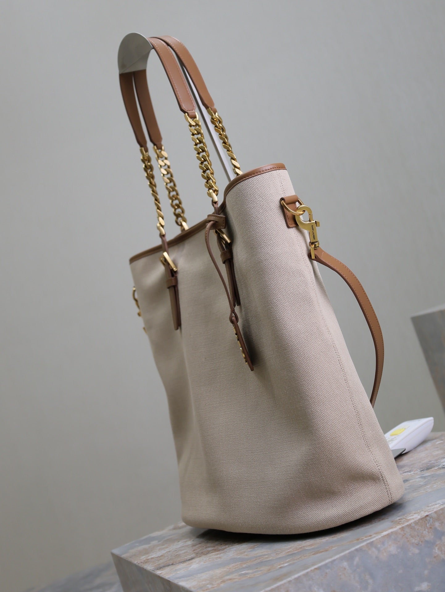SAINT LAURENT TOTE BAG 38 IN WHITE CANVAS AND BROWN LEATHER TRIM GOLD HARDWARE