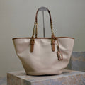 SAINT LAURENT TOTE BAG 47 IN WHITE CANVAS AND BROWN LEATHER TRIM GOLD HARDWARE