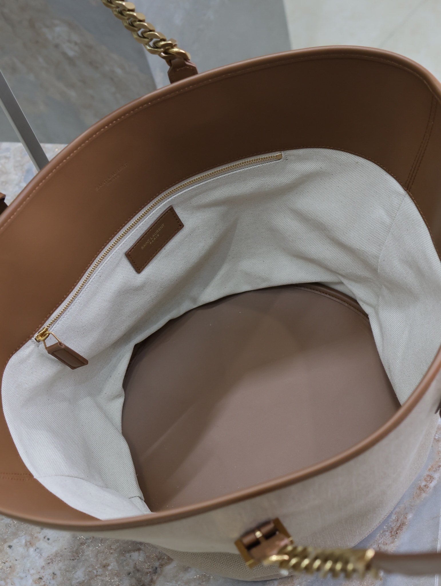 SAINT LAURENT TOTE BAG 47 IN WHITE CANVAS AND BROWN LEATHER TRIM GOLD HARDWARE
