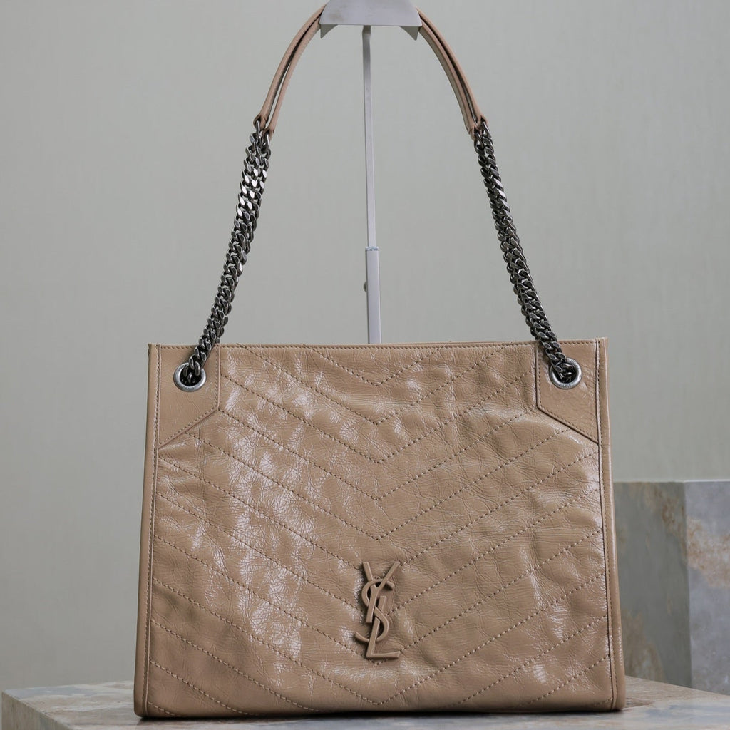 SAINT LAURENT NIKI SHOPPING BAG 33 IN LIGHT BROWN CRUMPLED CALFSKIN