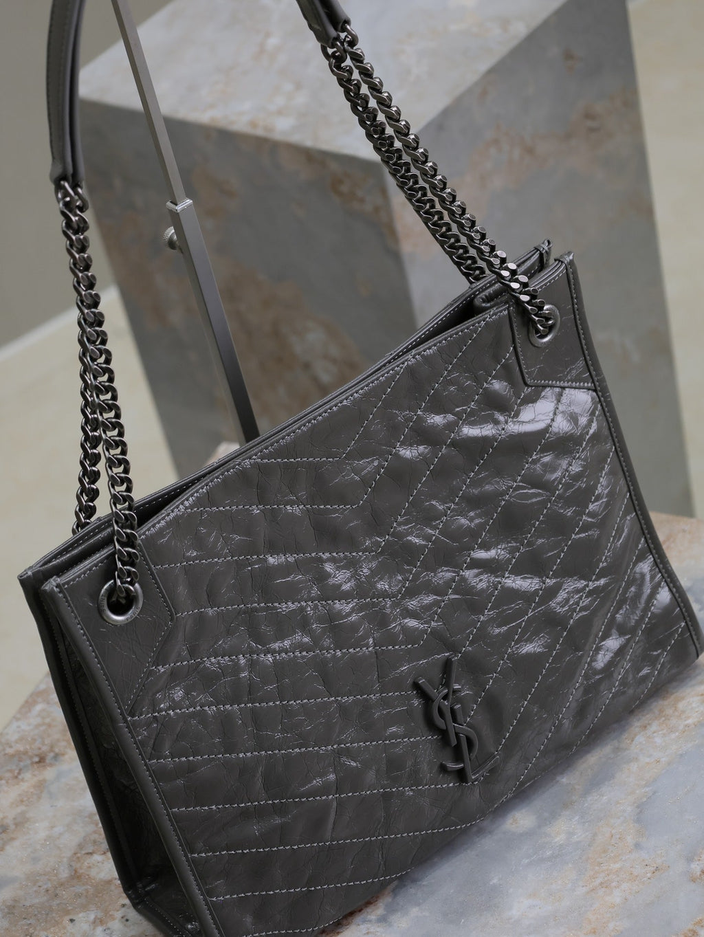 SAINT LAURENT NIKI SHOPPING BAG 33 IN GRAY CRUMPLED CALFSKIN