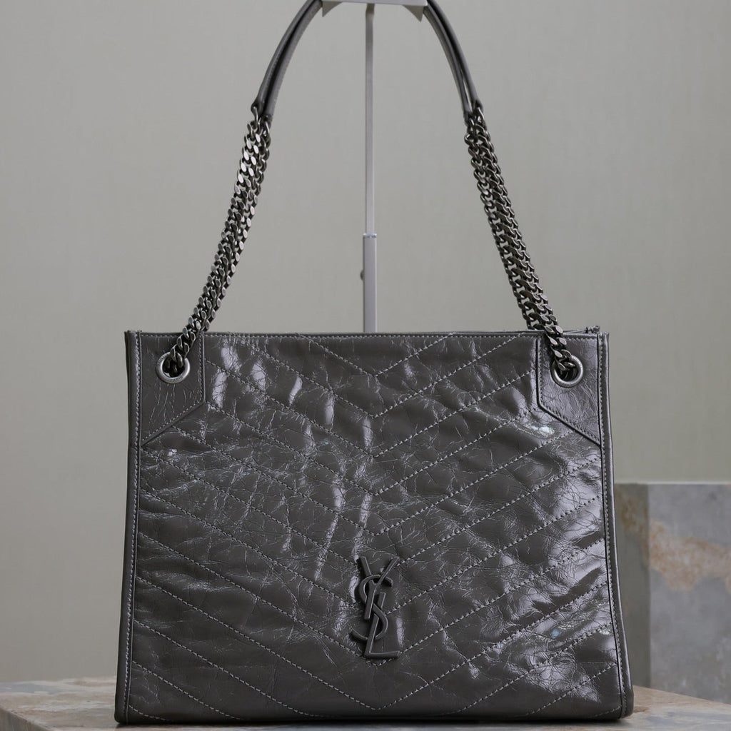 SAINT LAURENT NIKI SHOPPING BAG 33 IN GRAY CRUMPLED CALFSKIN