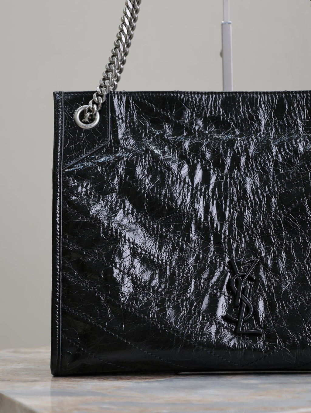 SAINT LAURENT NIKI SHOPPING BAG 33 IN BLACK CRUMPLED CALFSKIN SILVER HARDWARE