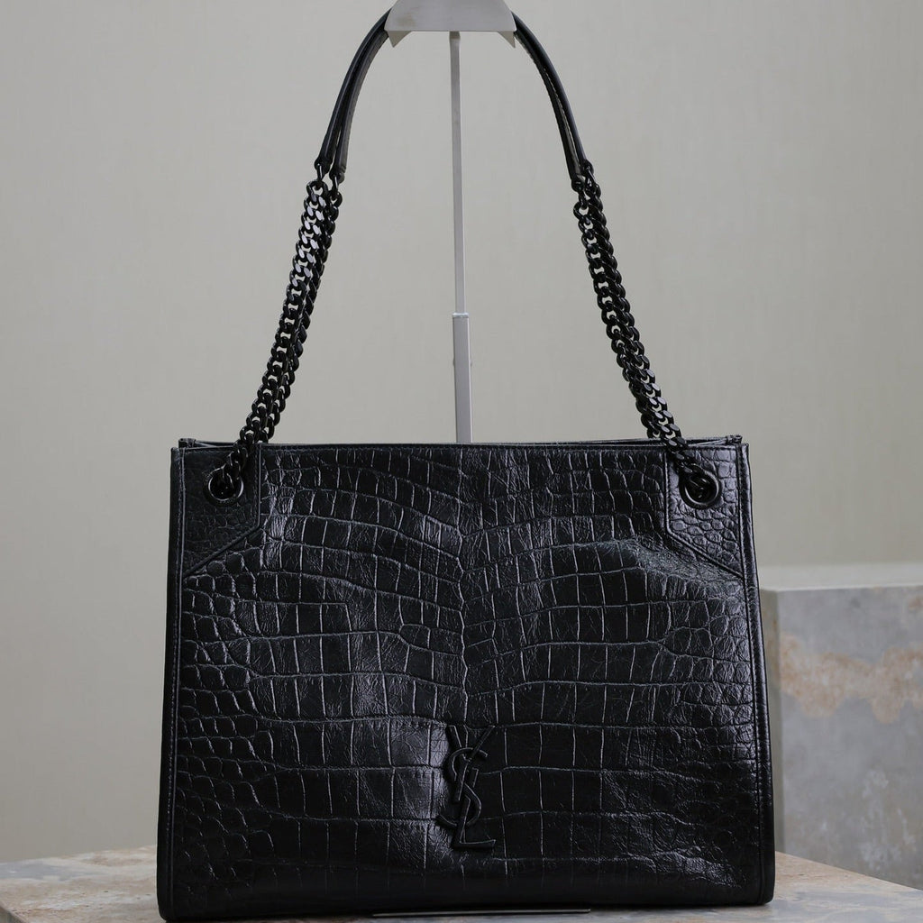 SAINT LAURENT NIKI SHOPPING BAG 33 IN BLACK CROCODILE-EMBOSSED CALFSKIN