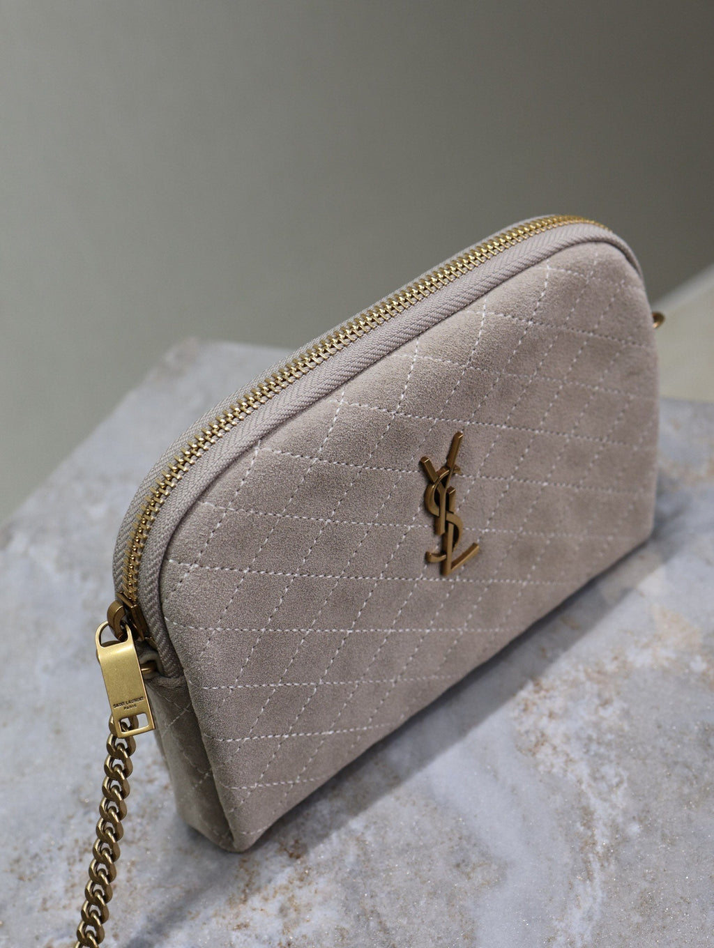SAINT LAURENT GABY ZIPPED POUCH 19 IN GRAY MATTE SUEDE GOLD HARDWARE
