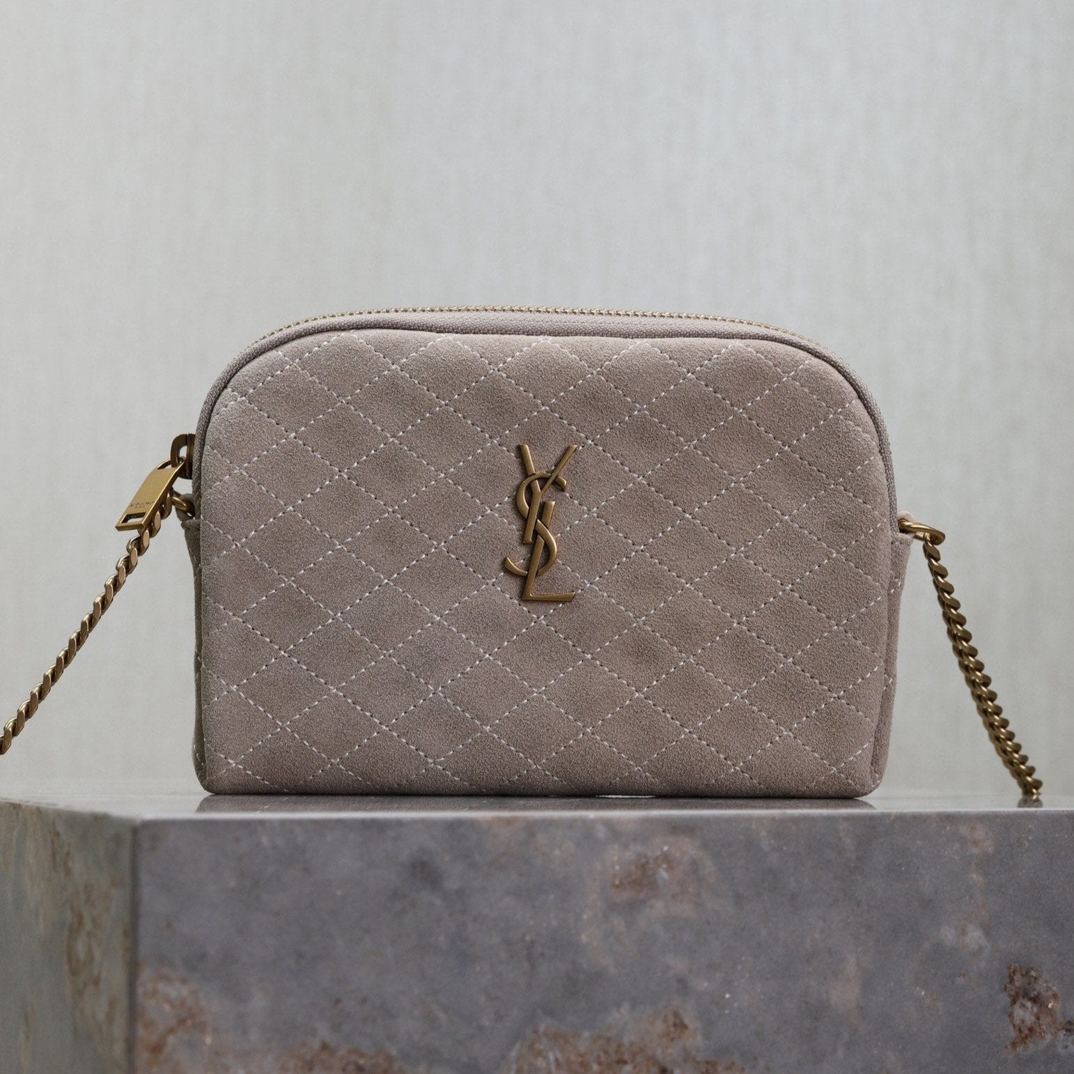 SAINT LAURENT GABY ZIPPED POUCH 19 IN GRAY MATTE SUEDE GOLD HARDWARE