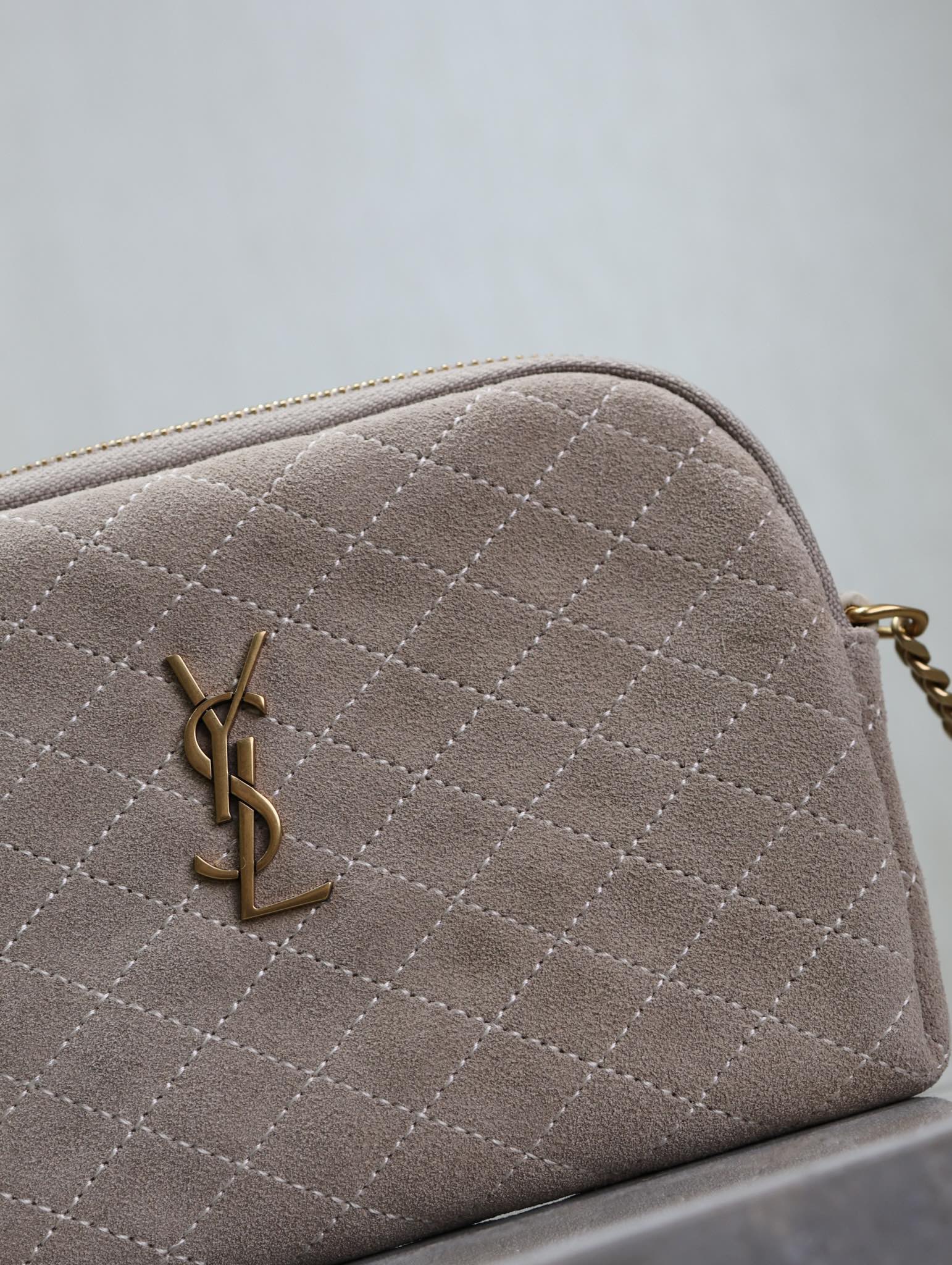 SAINT LAURENT GABY ZIPPED POUCH 19 IN GRAY MATTE SUEDE GOLD HARDWARE