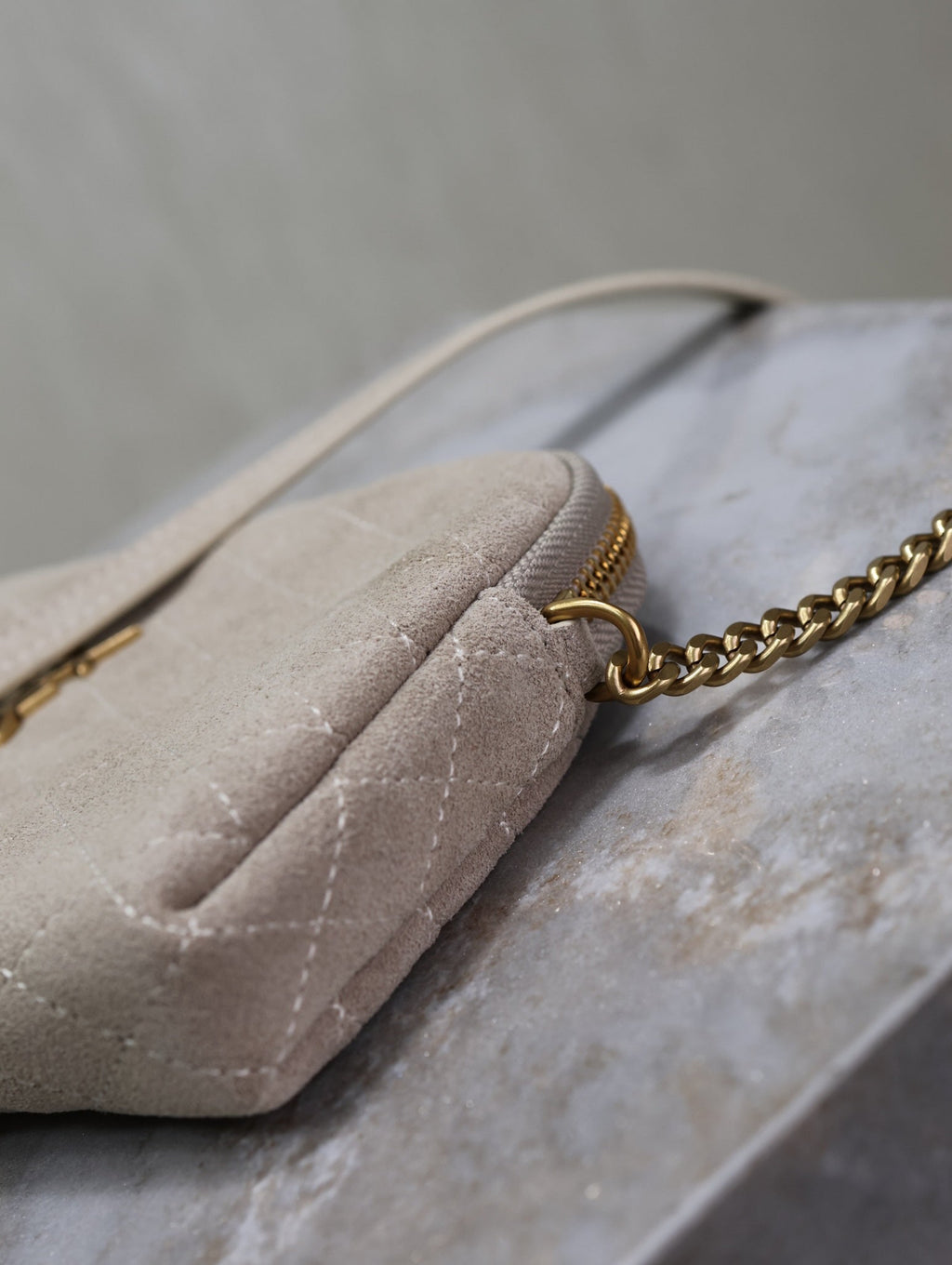 SAINT LAURENT GABY ZIPPED POUCH 19 IN GRAY MATTE SUEDE GOLD HARDWARE