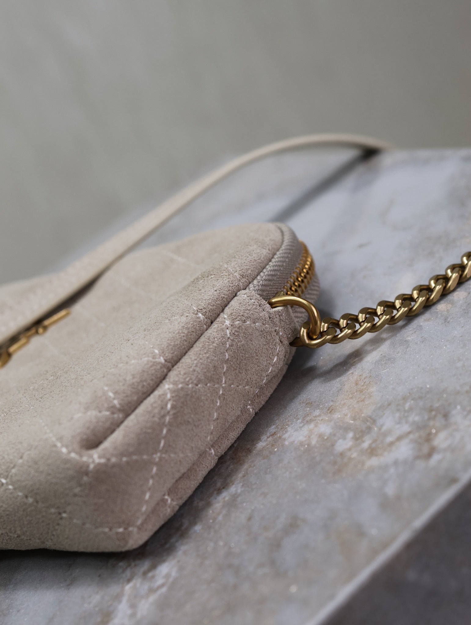 SAINT LAURENT GABY ZIPPED POUCH 19 IN GRAY MATTE SUEDE GOLD HARDWARE