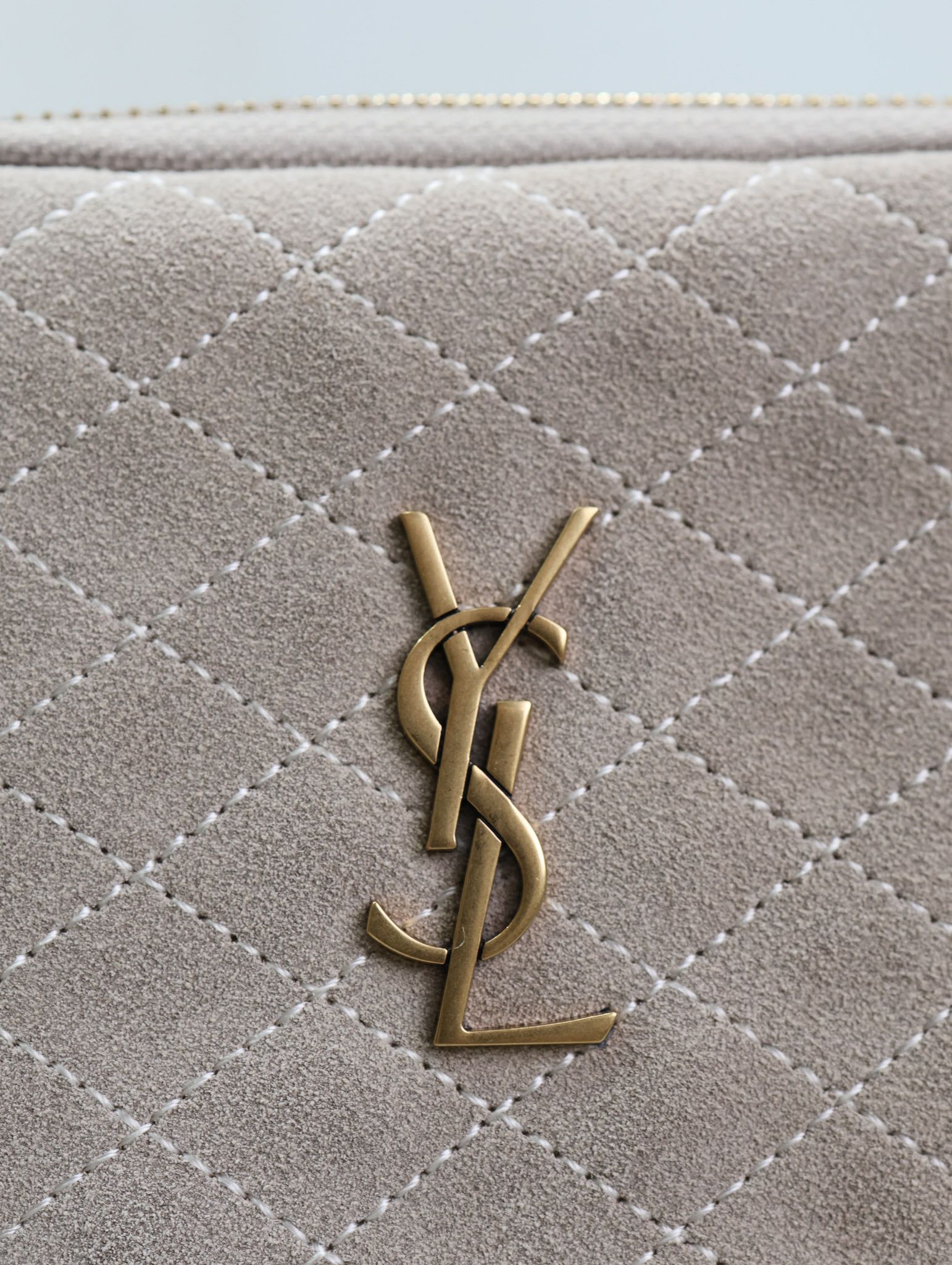 SAINT LAURENT GABY ZIPPED POUCH 19 IN GRAY MATTE SUEDE GOLD HARDWARE