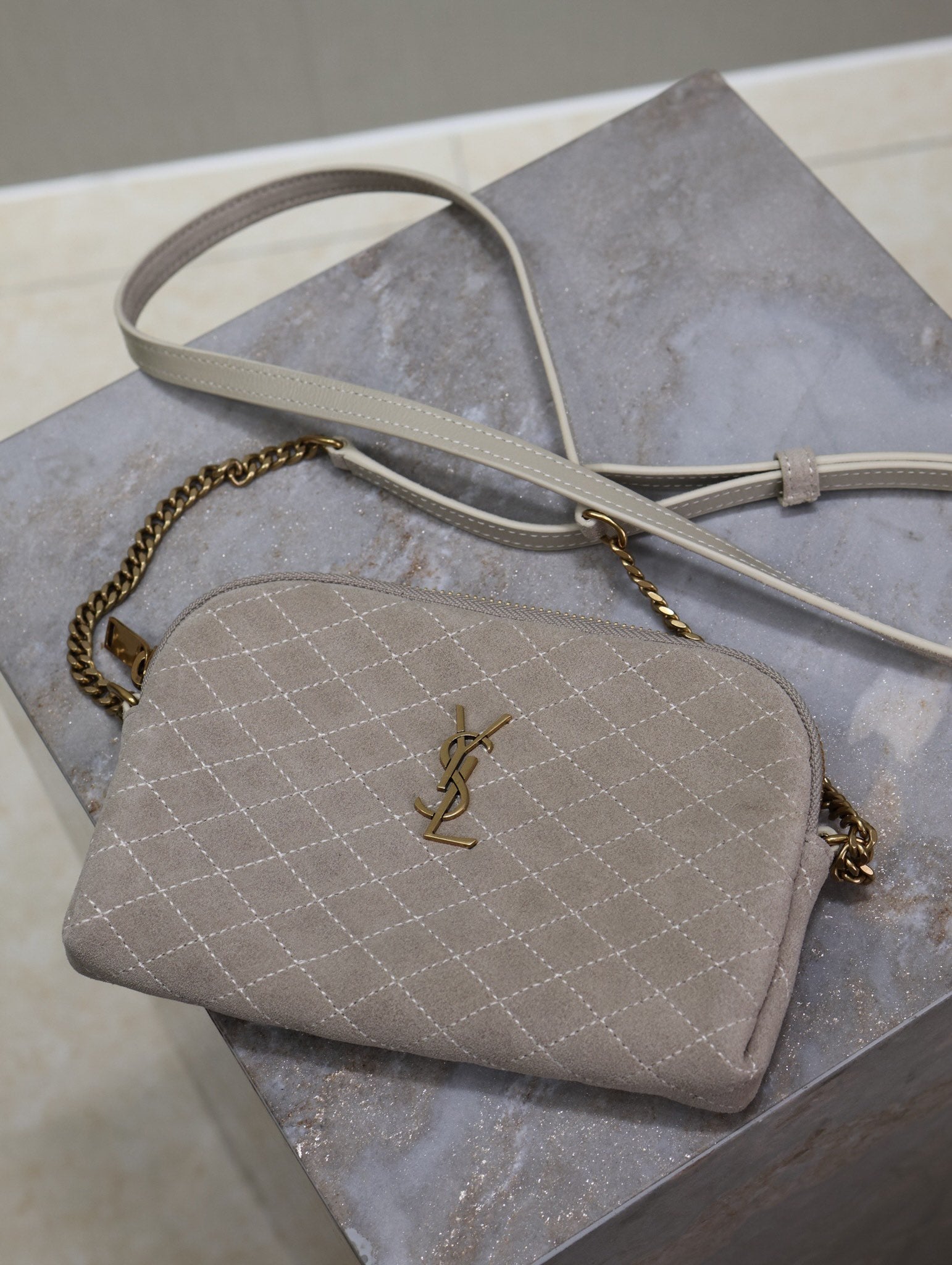 SAINT LAURENT GABY ZIPPED POUCH 19 IN GRAY MATTE SUEDE GOLD HARDWARE