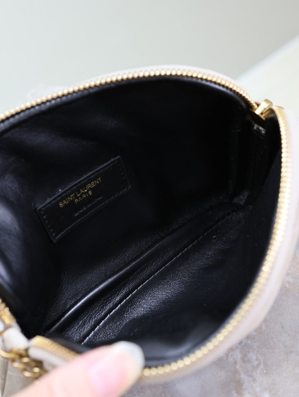 SAINT LAURENT GABY ZIPPED POUCH 19 IN GRAY MATTE SUEDE GOLD HARDWARE