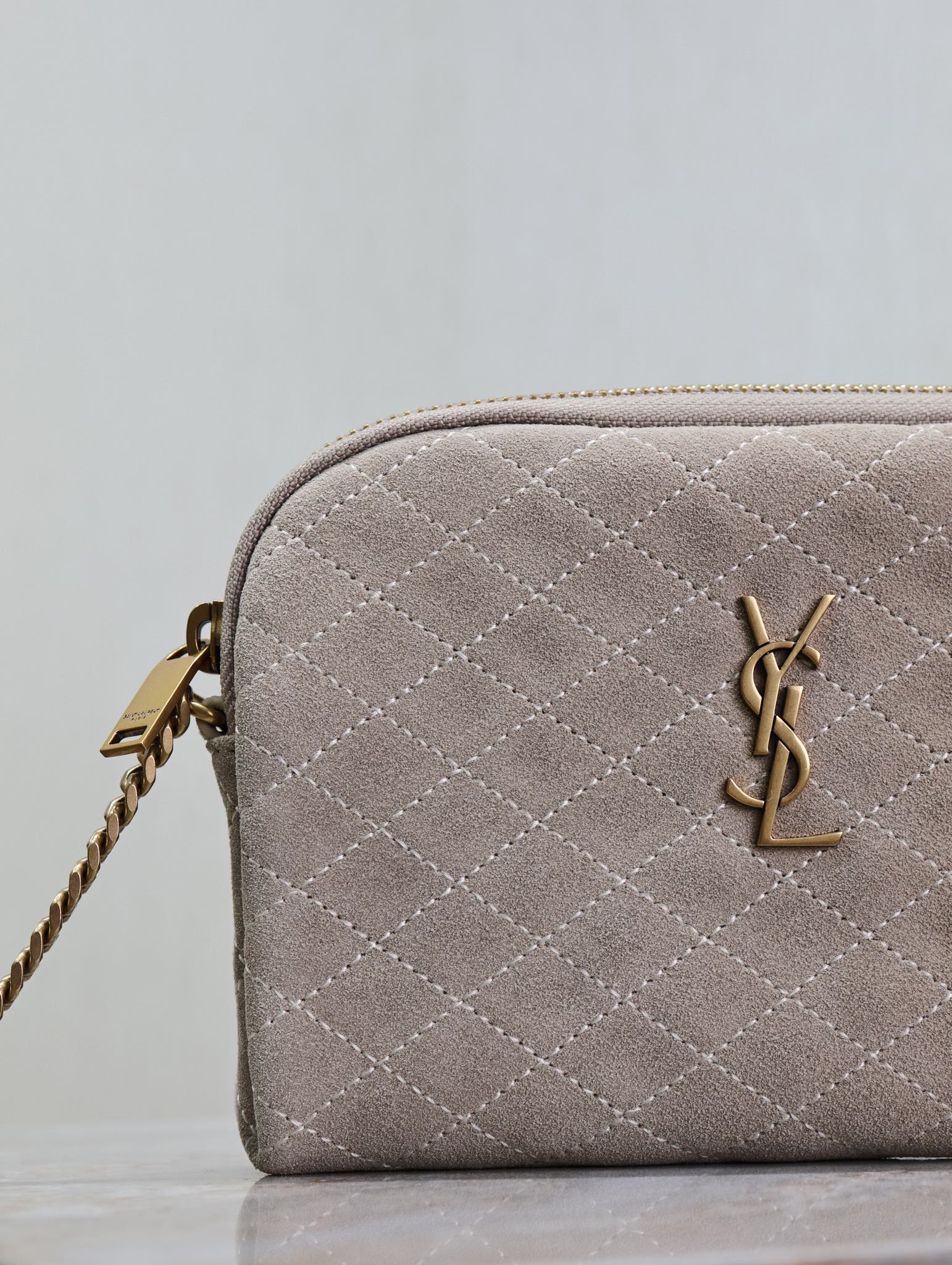 SAINT LAURENT GABY ZIPPED POUCH 19 IN GRAY MATTE SUEDE GOLD HARDWARE