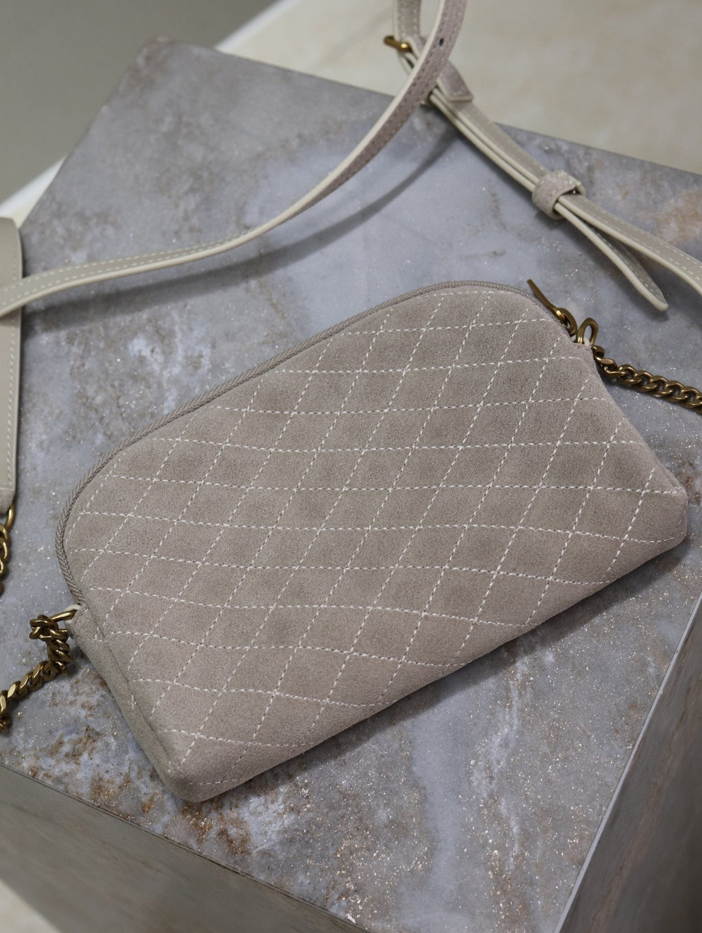 SAINT LAURENT GABY ZIPPED POUCH 19 IN GRAY MATTE SUEDE GOLD HARDWARE