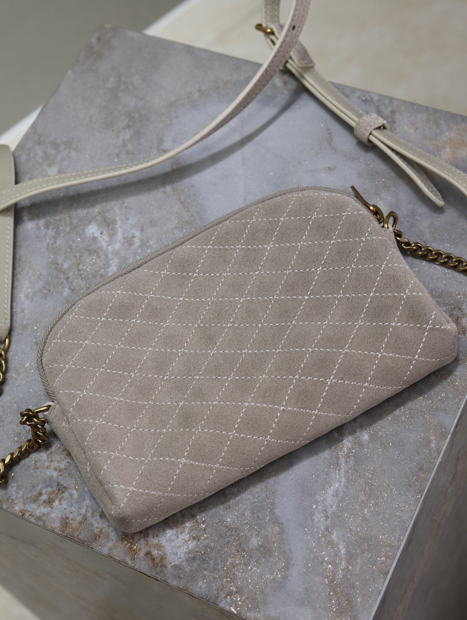 SAINT LAURENT GABY ZIPPED POUCH 19 IN GRAY MATTE SUEDE GOLD HARDWARE