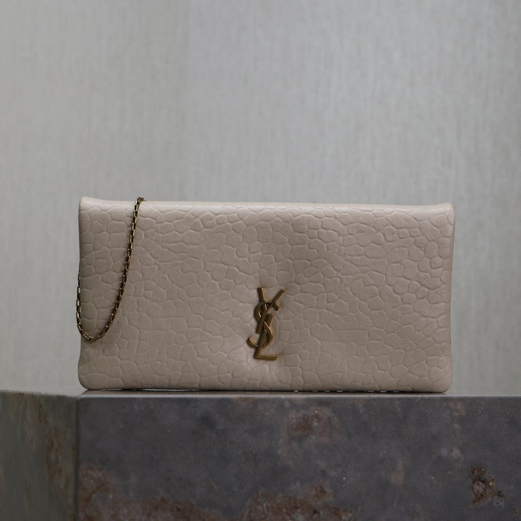 SAINT LAURENT CALYPSO POUCH 24 IN WHITE ELEPHANT TEXTURED LAMBSKIN GOLD LOGO