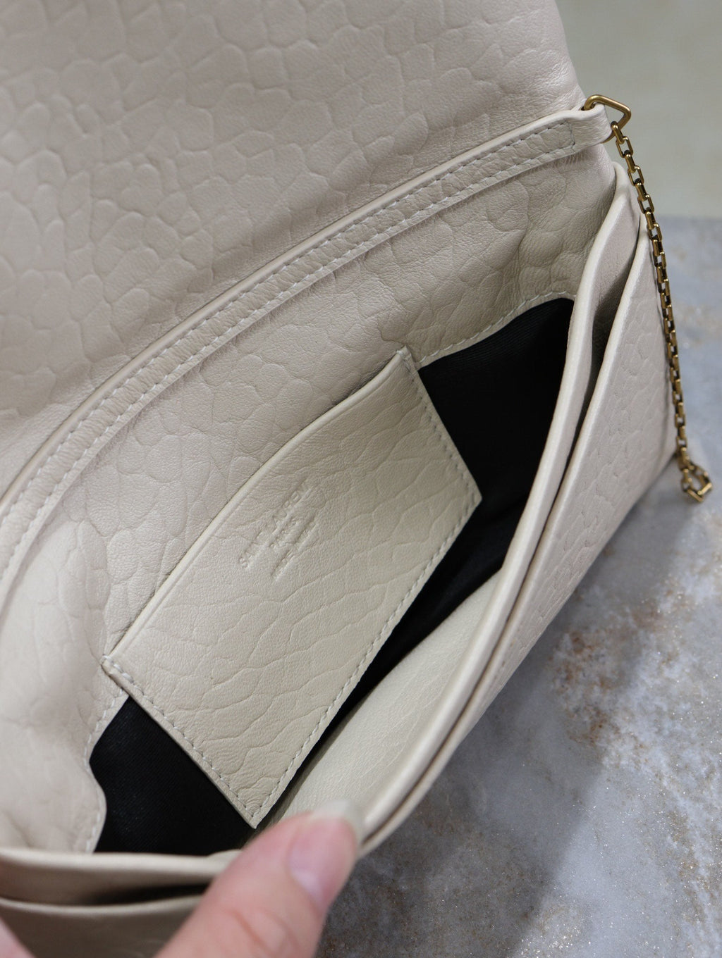 SAINT LAURENT CALYPSO POUCH 24 IN WHITE ELEPHANT TEXTURED LAMBSKIN GOLD LOGO