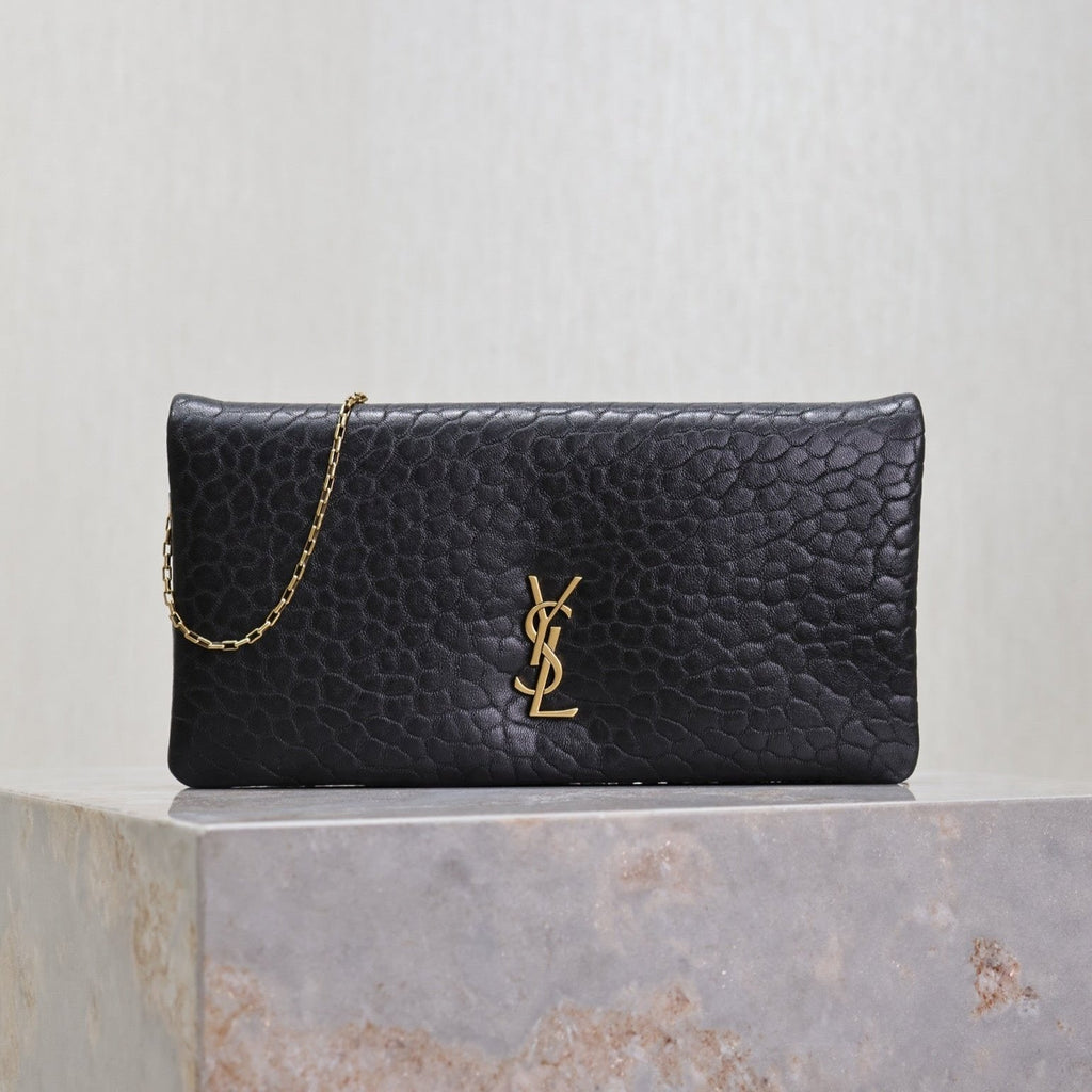 SAINT LAURENT CALYPSO POUCH 24 IN BLACK ELEPHANT TEXTURED LAMBSKIN GOLD LOGO