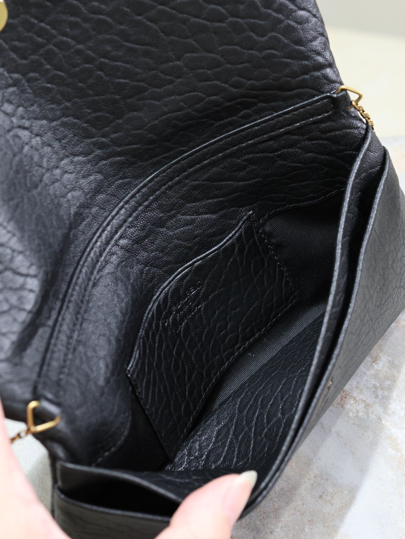 SAINT LAURENT CALYPSO POUCH 24 IN BLACK ELEPHANT TEXTURED LAMBSKIN GOLD LOGO
