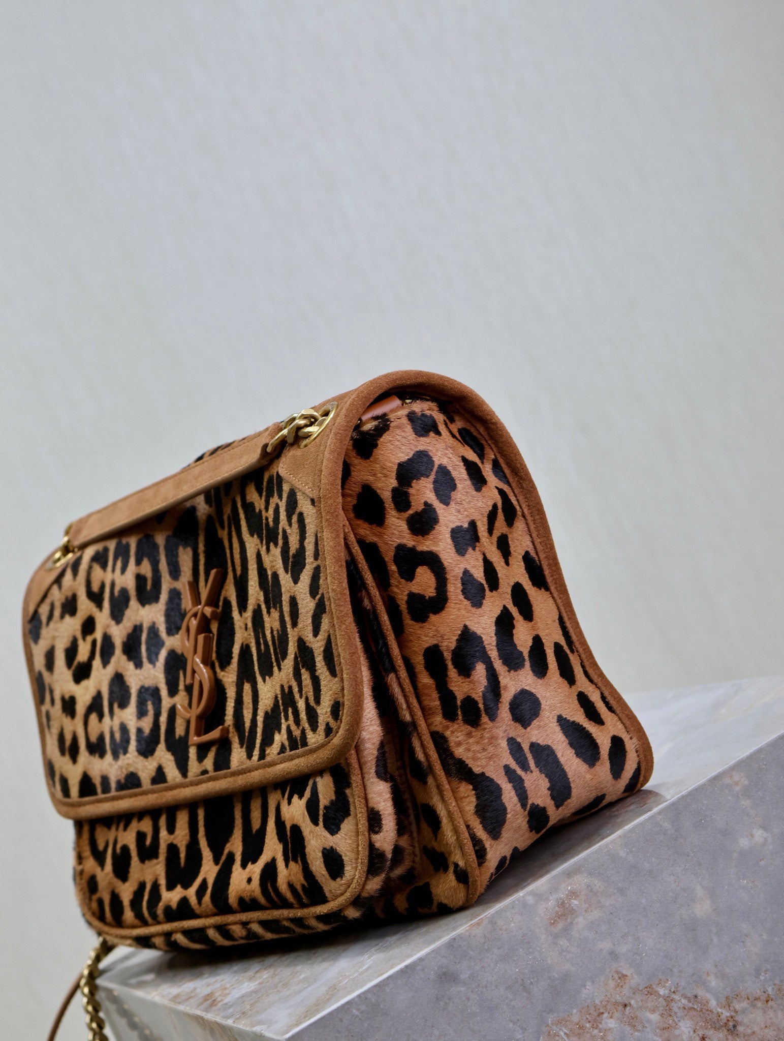 SAINT LAURENT NIKI MEDIUM 28 IN LEOPARD PRINT CALFSKIN AND BROWN SUEDE TRIM