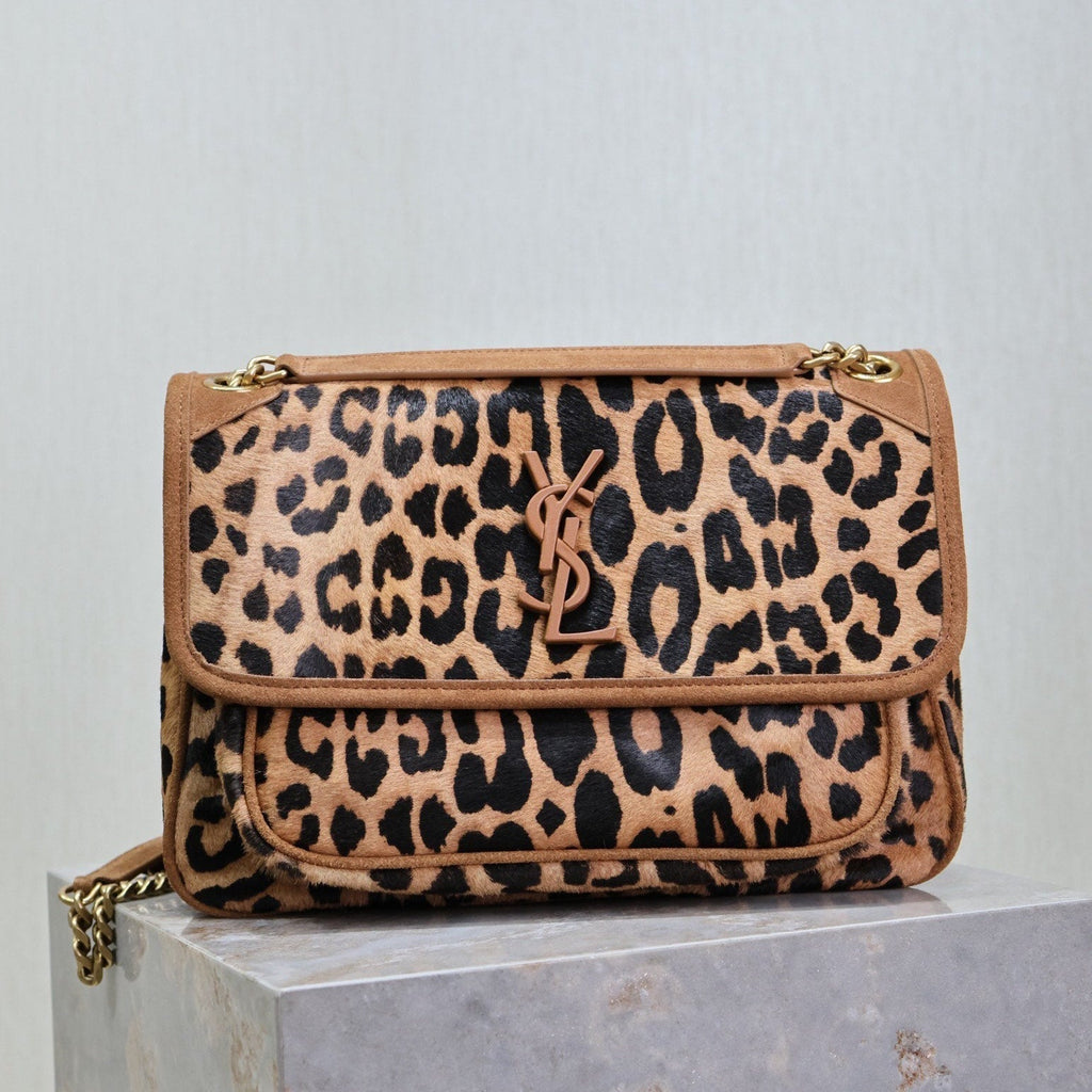 SAINT LAURENT NIKI MEDIUM 28 IN LEOPARD PRINT CALFSKIN AND BROWN SUEDE TRIM