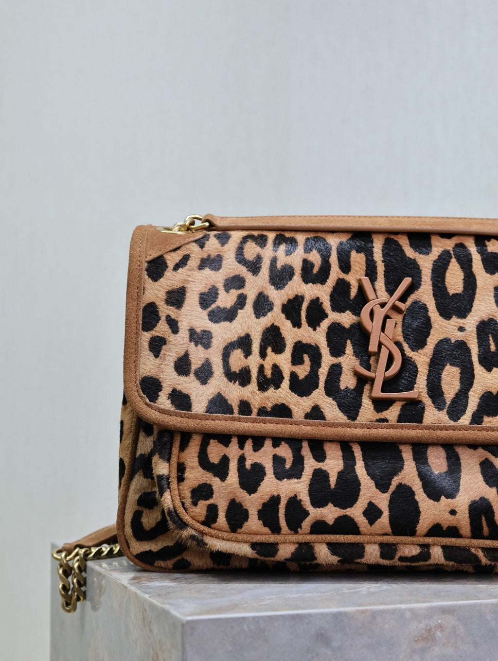 SAINT LAURENT NIKI MEDIUM 28 IN LEOPARD PRINT CALFSKIN AND BROWN SUEDE TRIM
