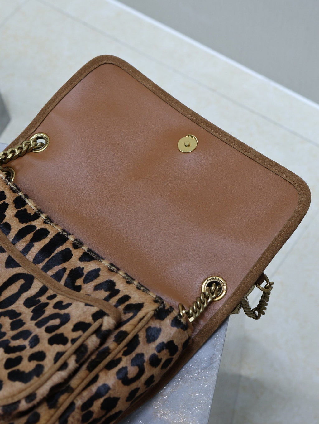 SAINT LAURENT NIKI MEDIUM 28 IN LEOPARD PRINT CALFSKIN AND BROWN SUEDE TRIM