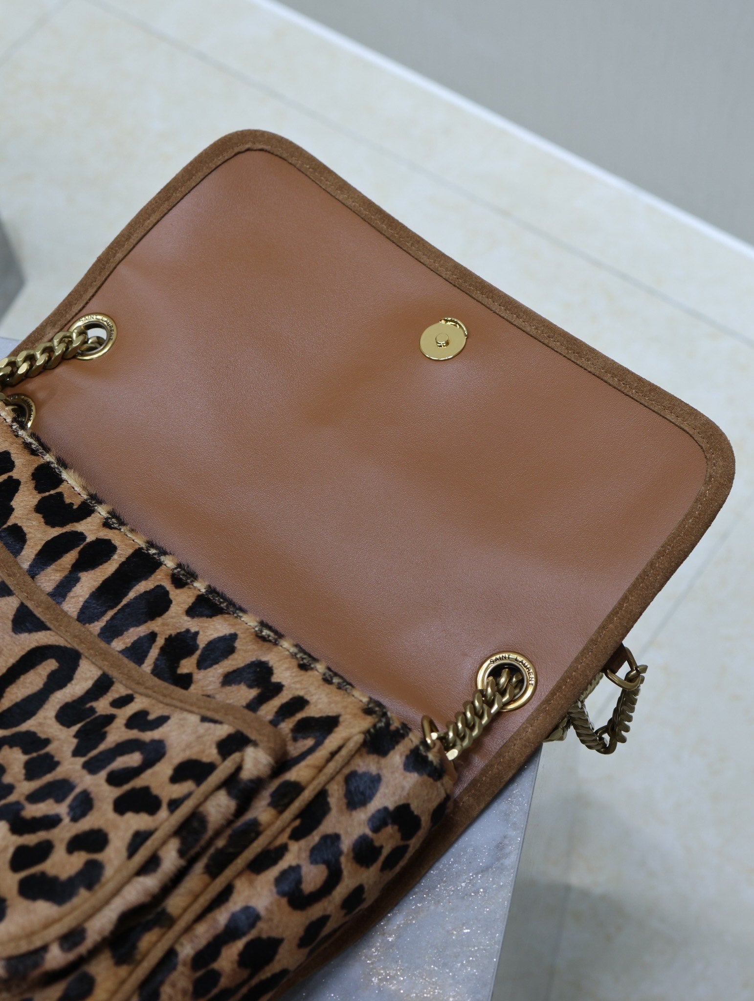 SAINT LAURENT NIKI MEDIUM 28 IN LEOPARD PRINT CALFSKIN AND BROWN SUEDE TRIM