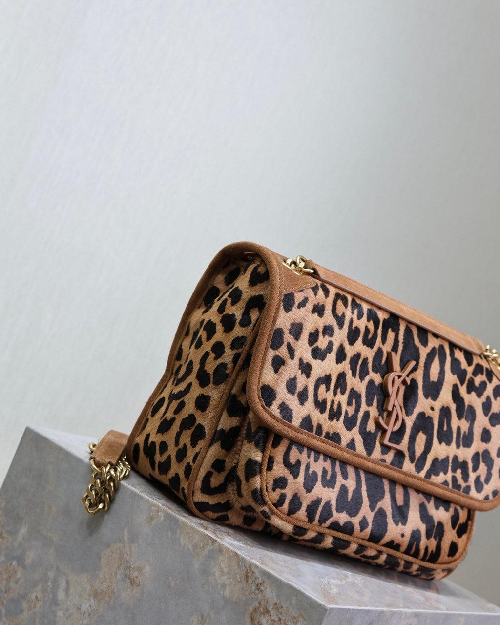SAINT LAURENT NIKI MEDIUM 28 IN LEOPARD PRINT CALFSKIN AND BROWN SUEDE TRIM