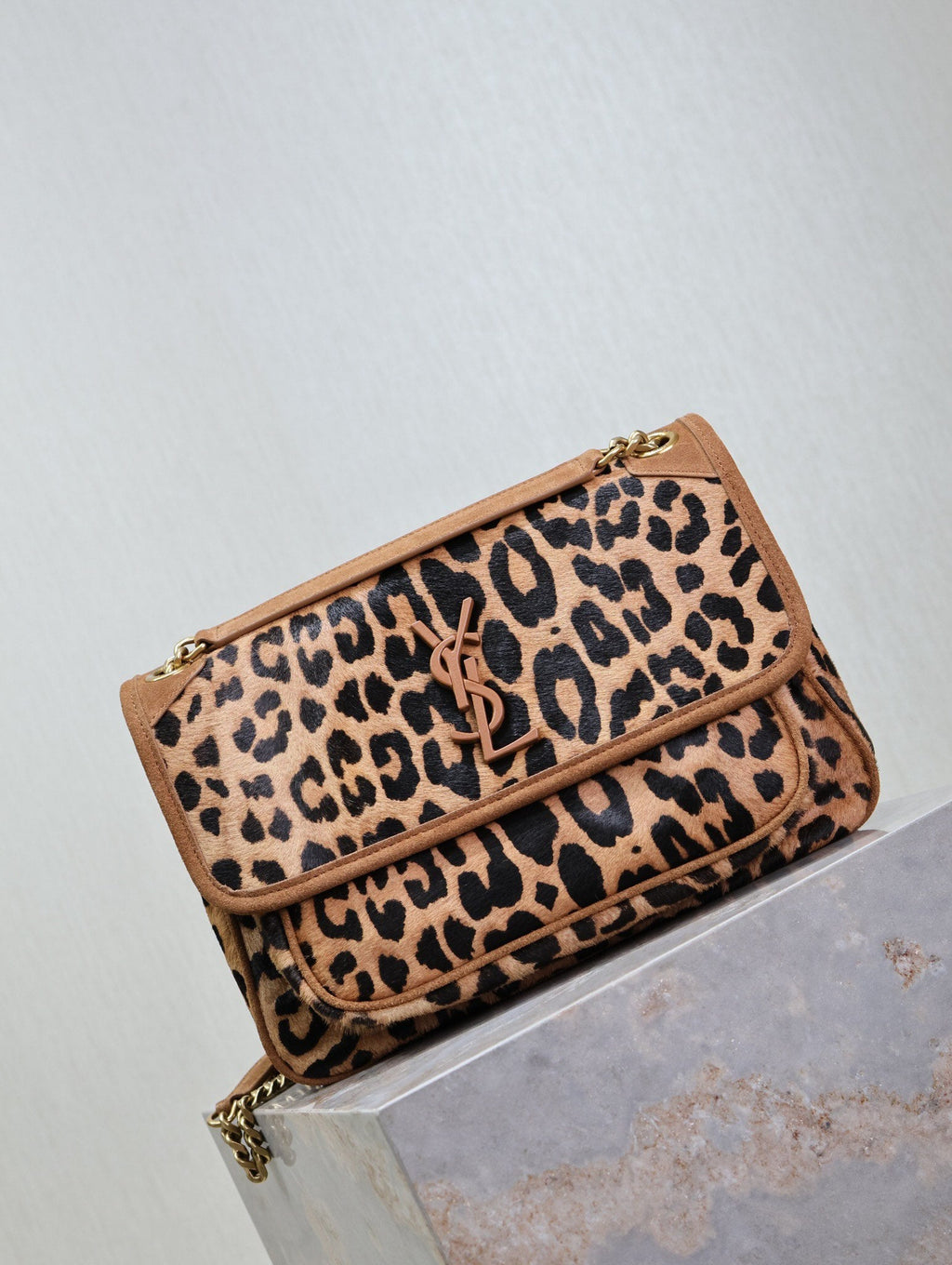SAINT LAURENT NIKI MEDIUM 28 IN LEOPARD PRINT CALFSKIN AND BROWN SUEDE TRIM