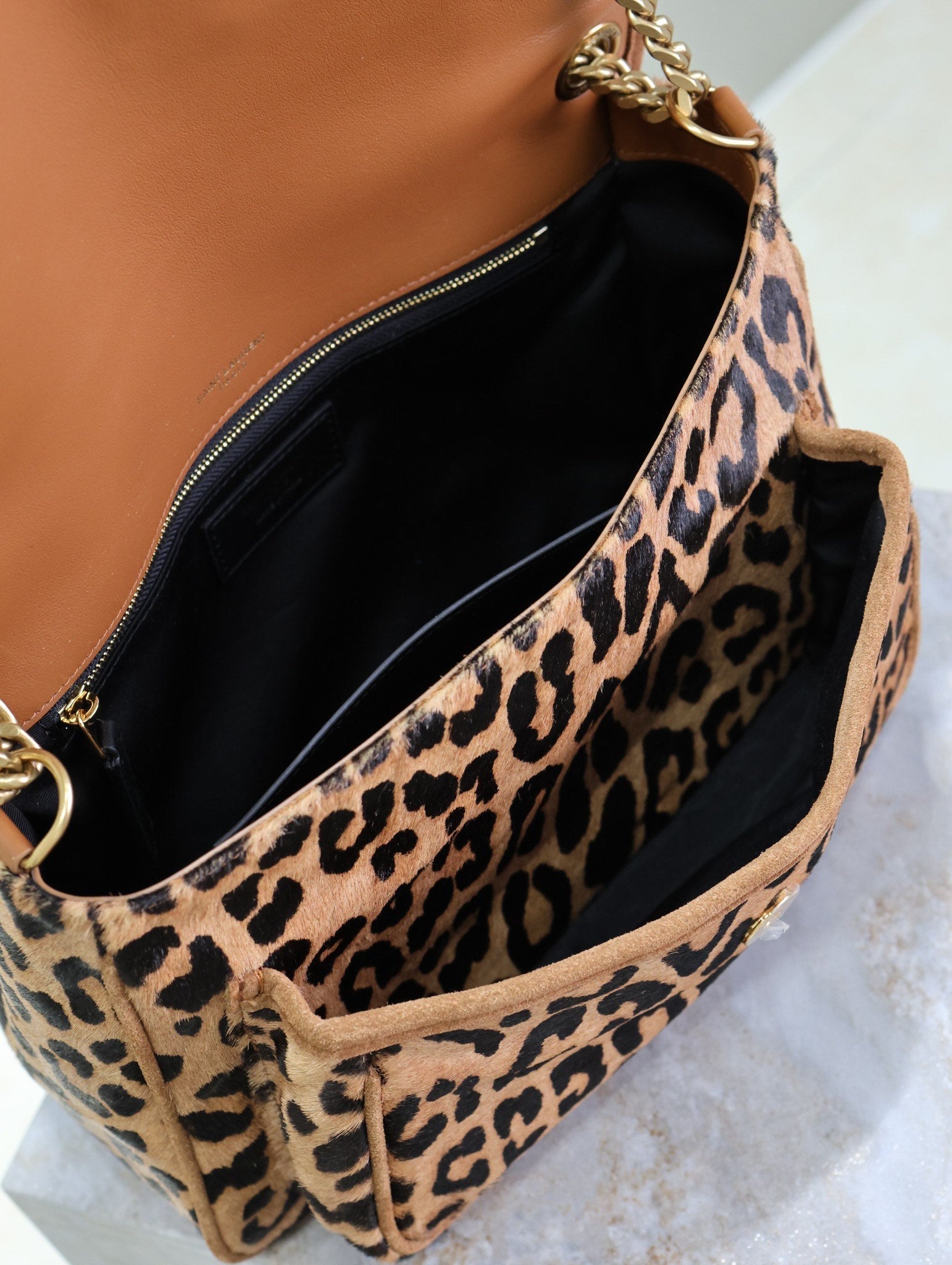 SAINT LAURENT NIKI MEDIUM 28 IN LEOPARD PRINT CALFSKIN AND BROWN SUEDE TRIM