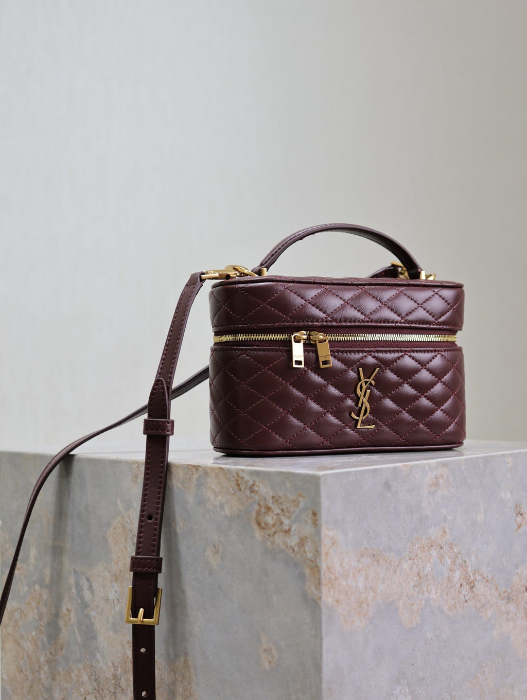 SAINT LAURENT GABY MINI VANITY 18 IN AUBURN RED LAMBSKIN GOLD HARDWARE