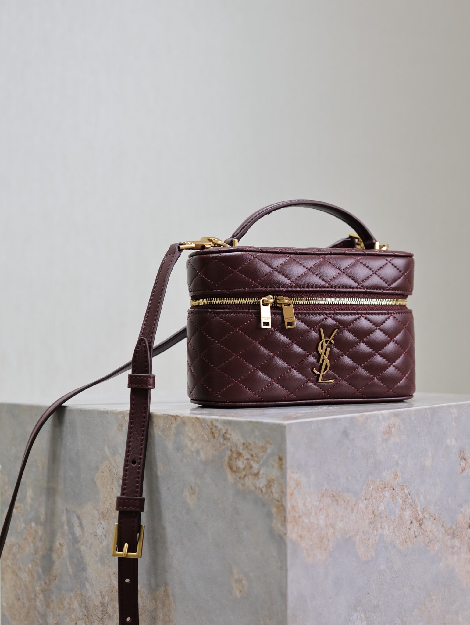 SAINT LAURENT GABY MINI VANITY 18 IN AUBURN RED LAMBSKIN GOLD HARDWARE