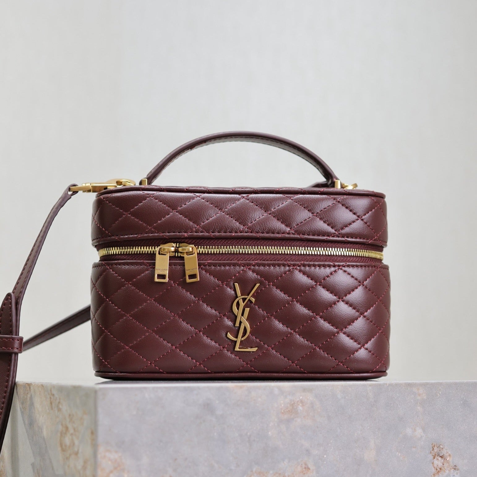 SAINT LAURENT GABY MINI VANITY 18 IN AUBURN RED LAMBSKIN GOLD HARDWARE