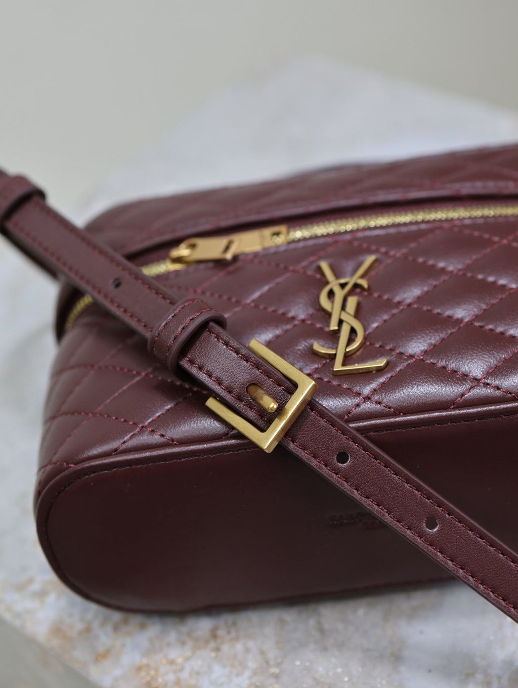 SAINT LAURENT GABY MINI VANITY 18 IN AUBURN RED LAMBSKIN GOLD HARDWARE