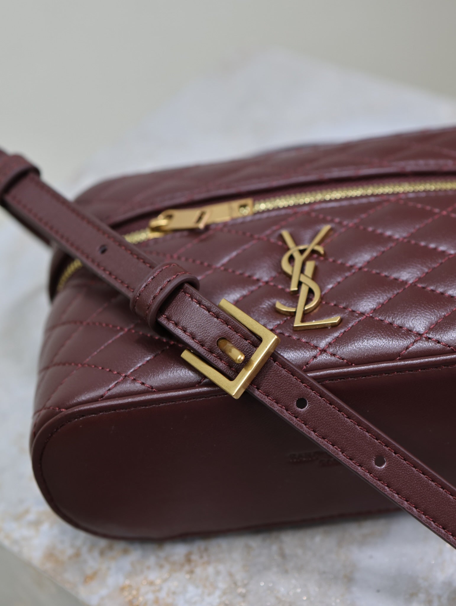SAINT LAURENT GABY MINI VANITY 18 IN AUBURN RED LAMBSKIN GOLD HARDWARE