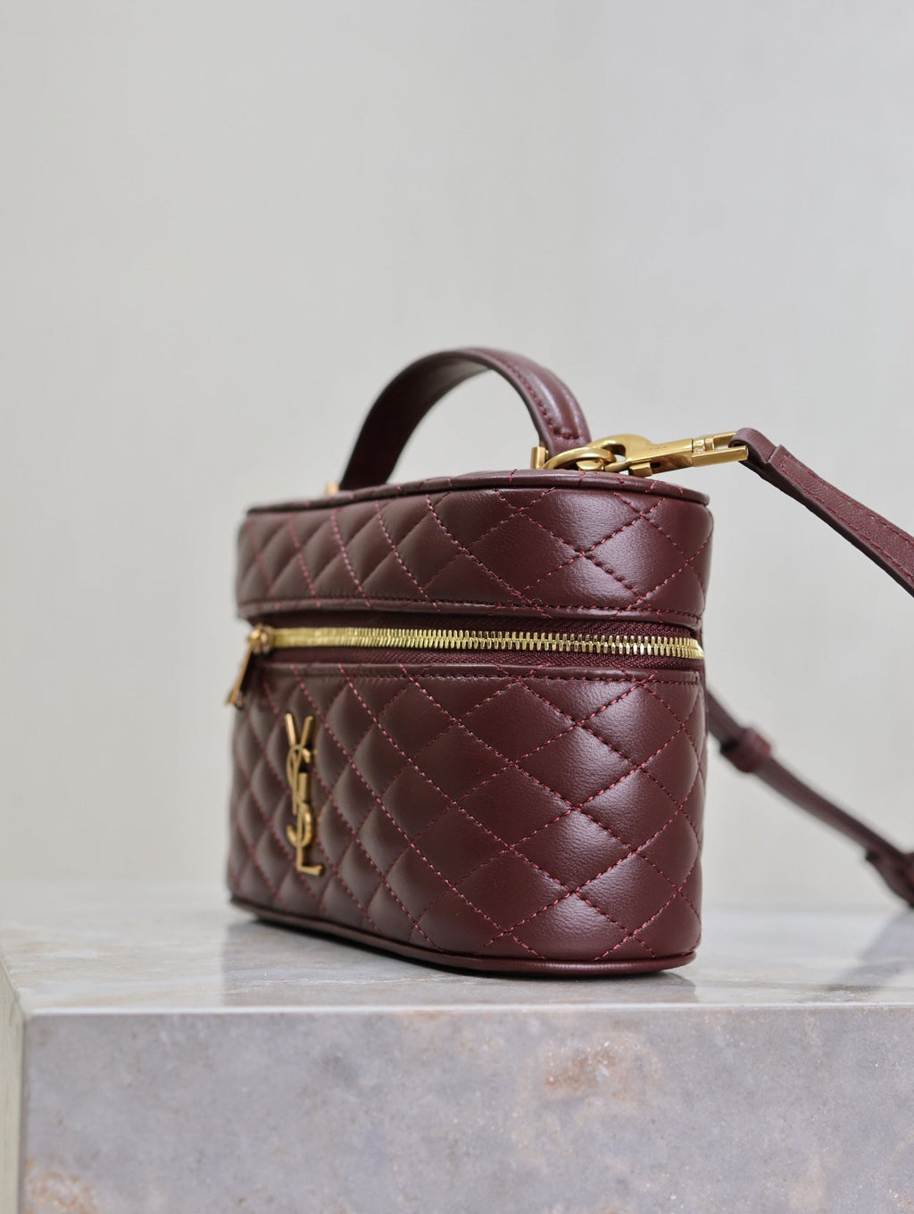SAINT LAURENT GABY MINI VANITY 18 IN AUBURN RED LAMBSKIN GOLD HARDWARE