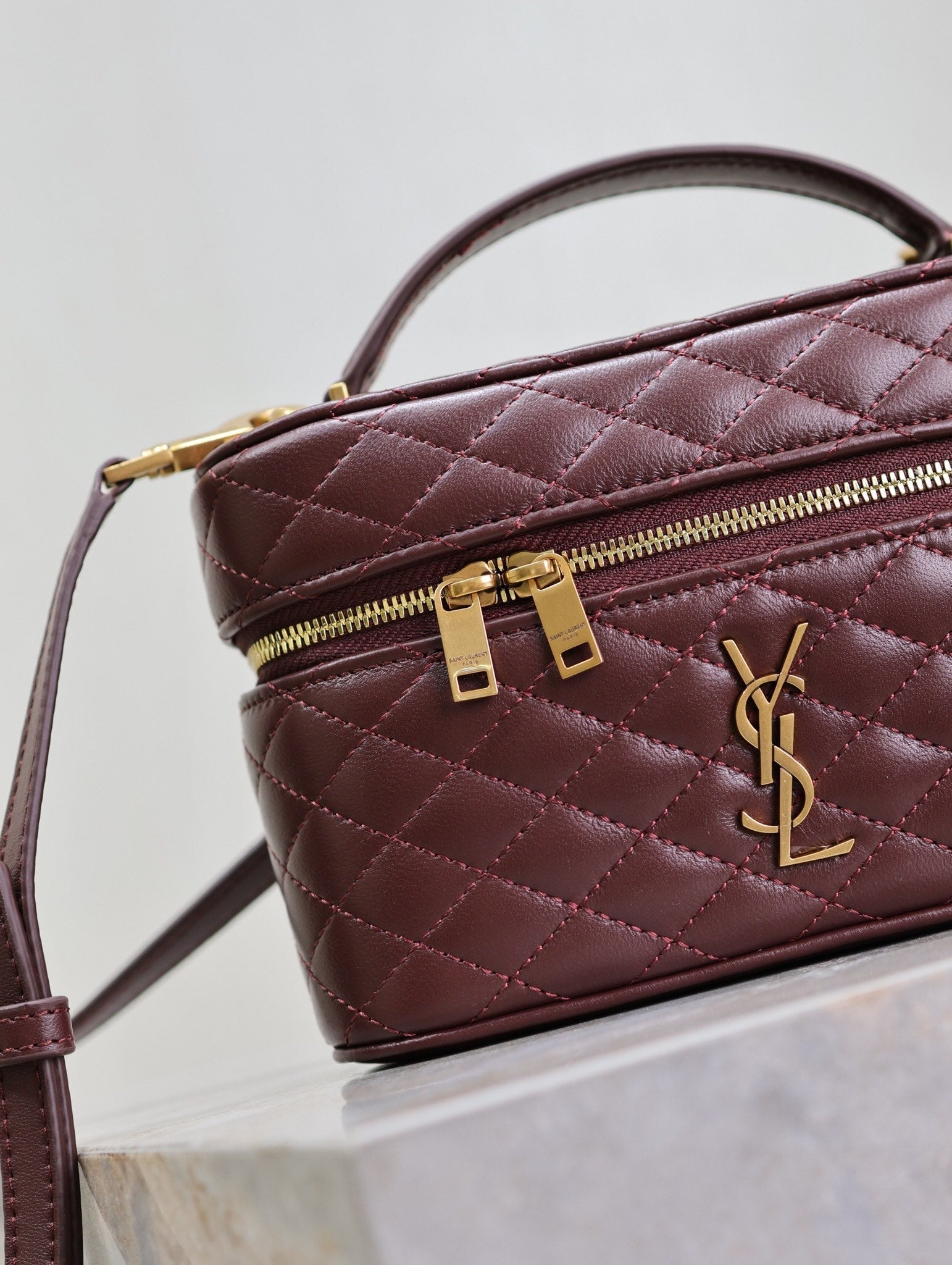 SAINT LAURENT GABY MINI VANITY 18 IN AUBURN RED LAMBSKIN GOLD HARDWARE