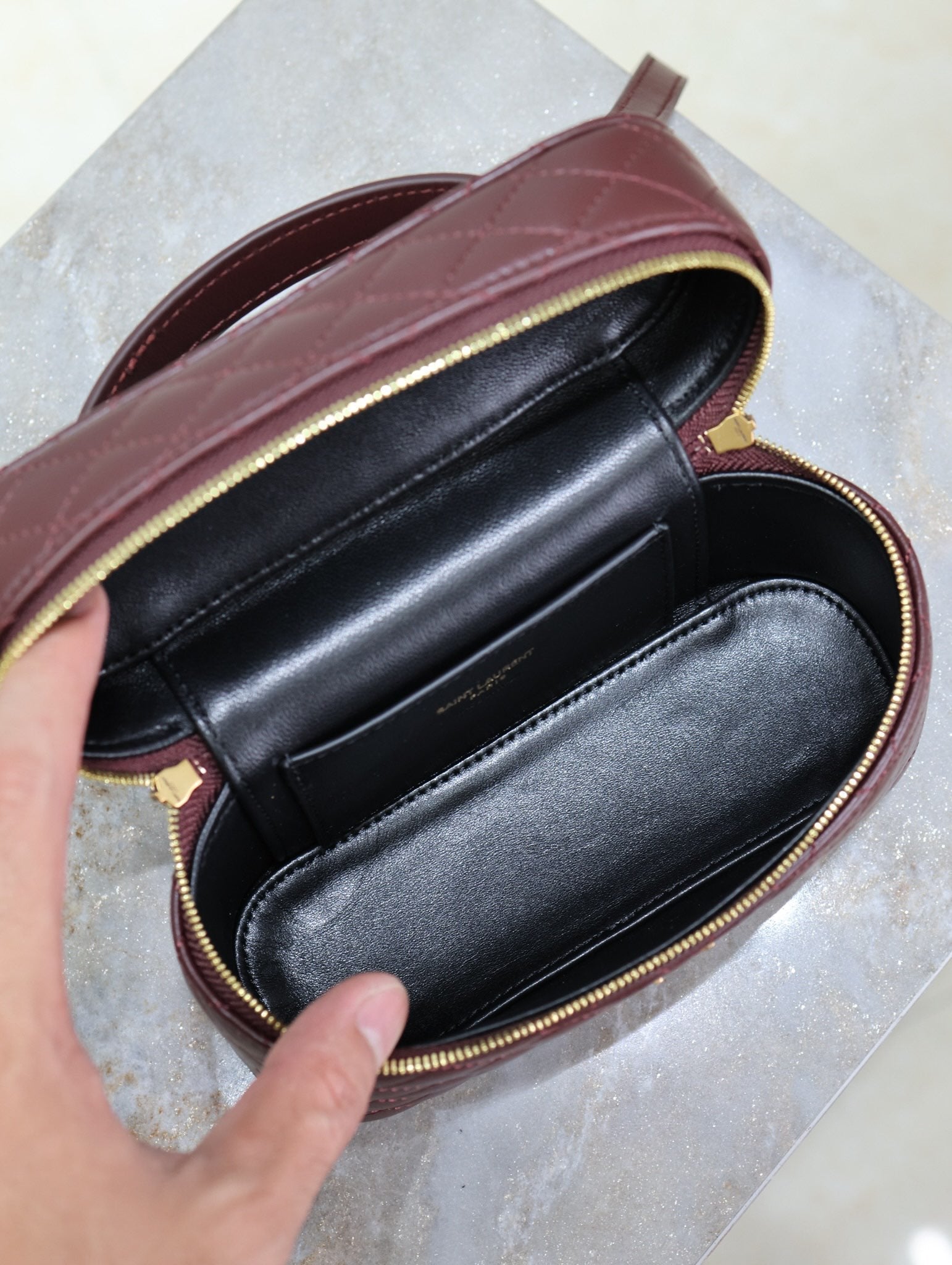 SAINT LAURENT GABY MINI VANITY 18 IN AUBURN RED LAMBSKIN GOLD HARDWARE