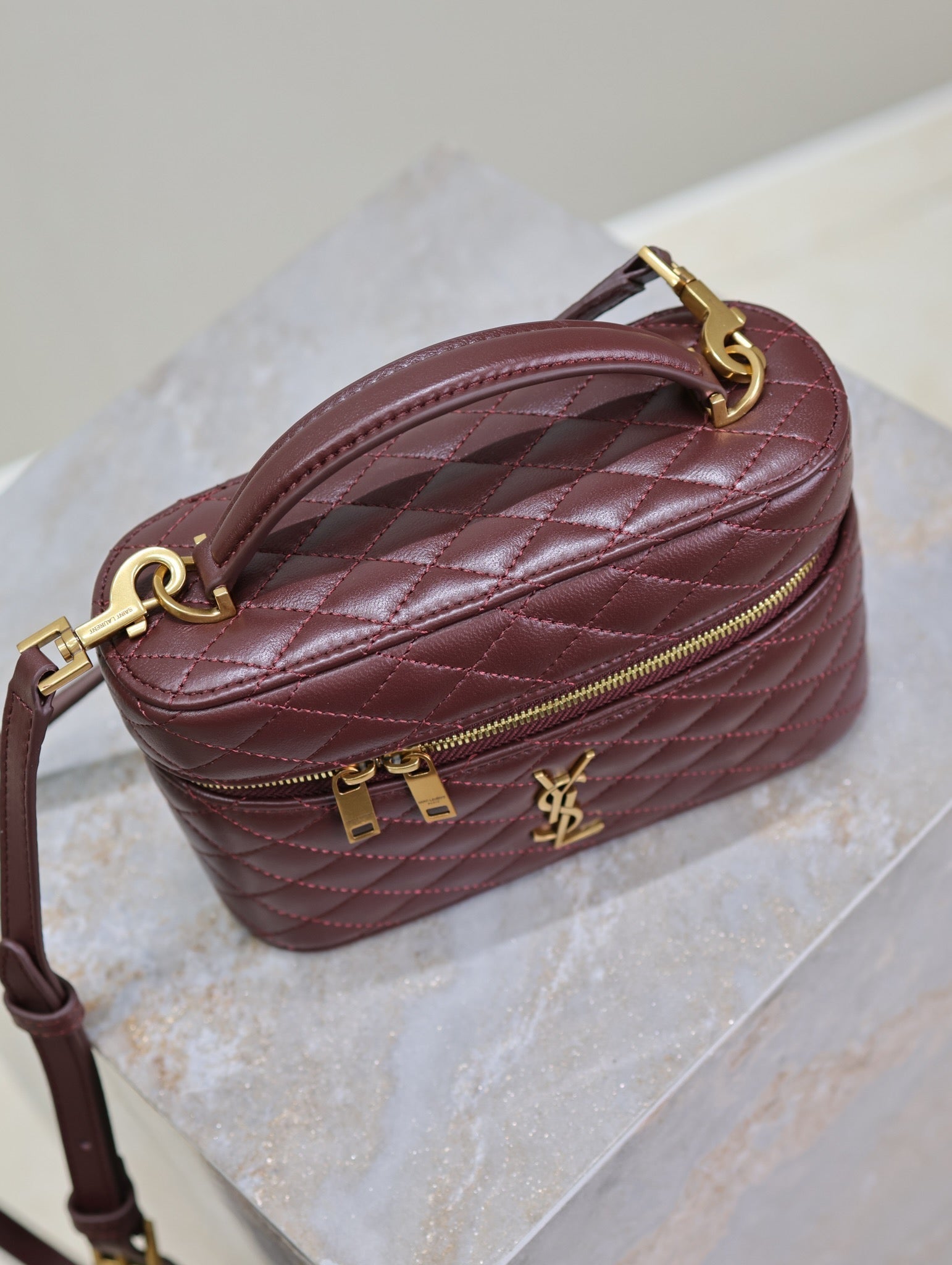 SAINT LAURENT GABY MINI VANITY 18 IN AUBURN RED LAMBSKIN GOLD HARDWARE