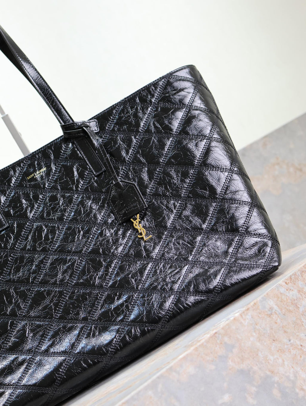 SAINT LAURENT SHOPPING TOTE BAG 38 IN BLACK CRUMPLED CALFSKIN