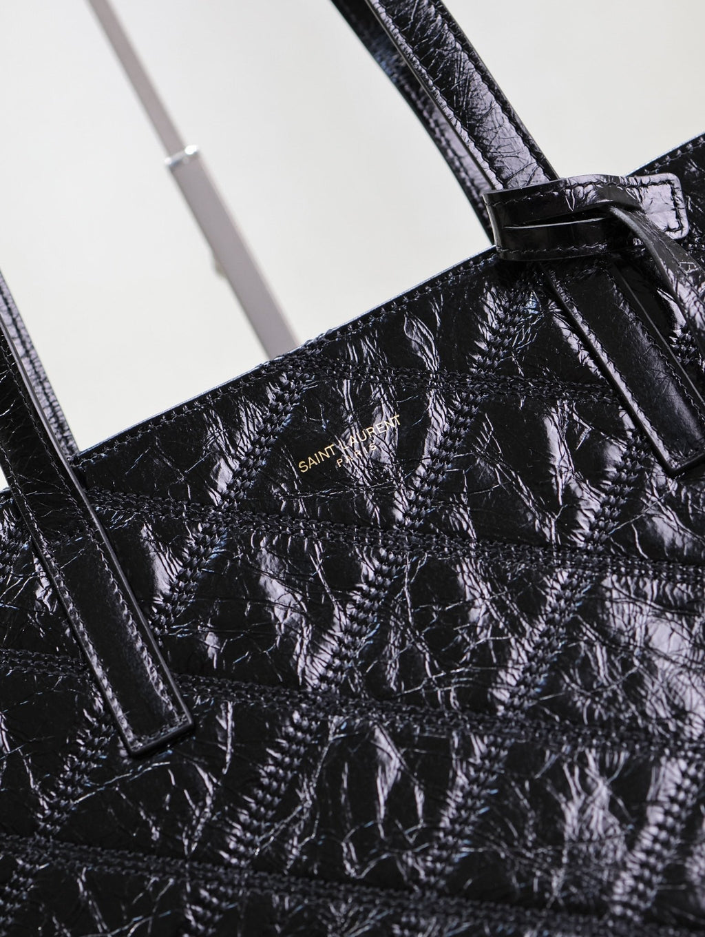 SAINT LAURENT SHOPPING TOTE BAG 38 IN BLACK CRUMPLED CALFSKIN