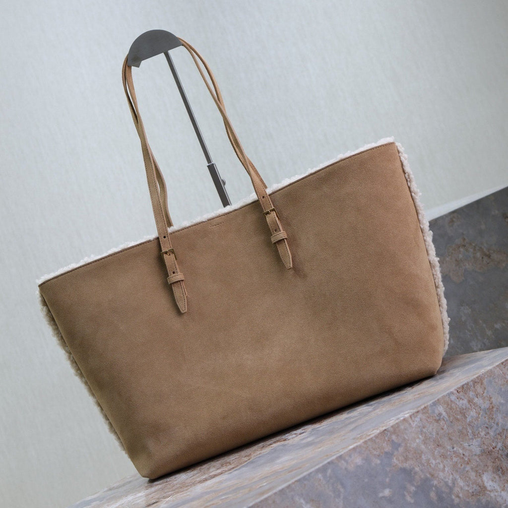 SAINT LAURENT SHOPPING TOTE BAG 38 IN TAN BROWN SUEDE AND WHITE SHEARLING TRIM